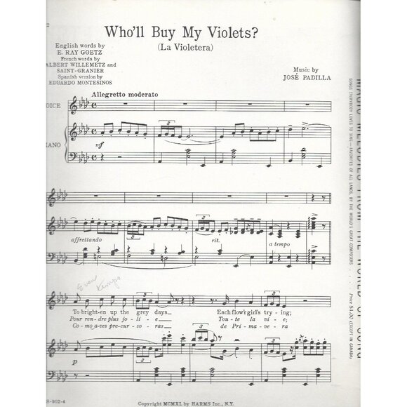 Who'll Buy My Violets 1940 Sheet Music Jose Padilla La Violetera - Picture 3 of 3